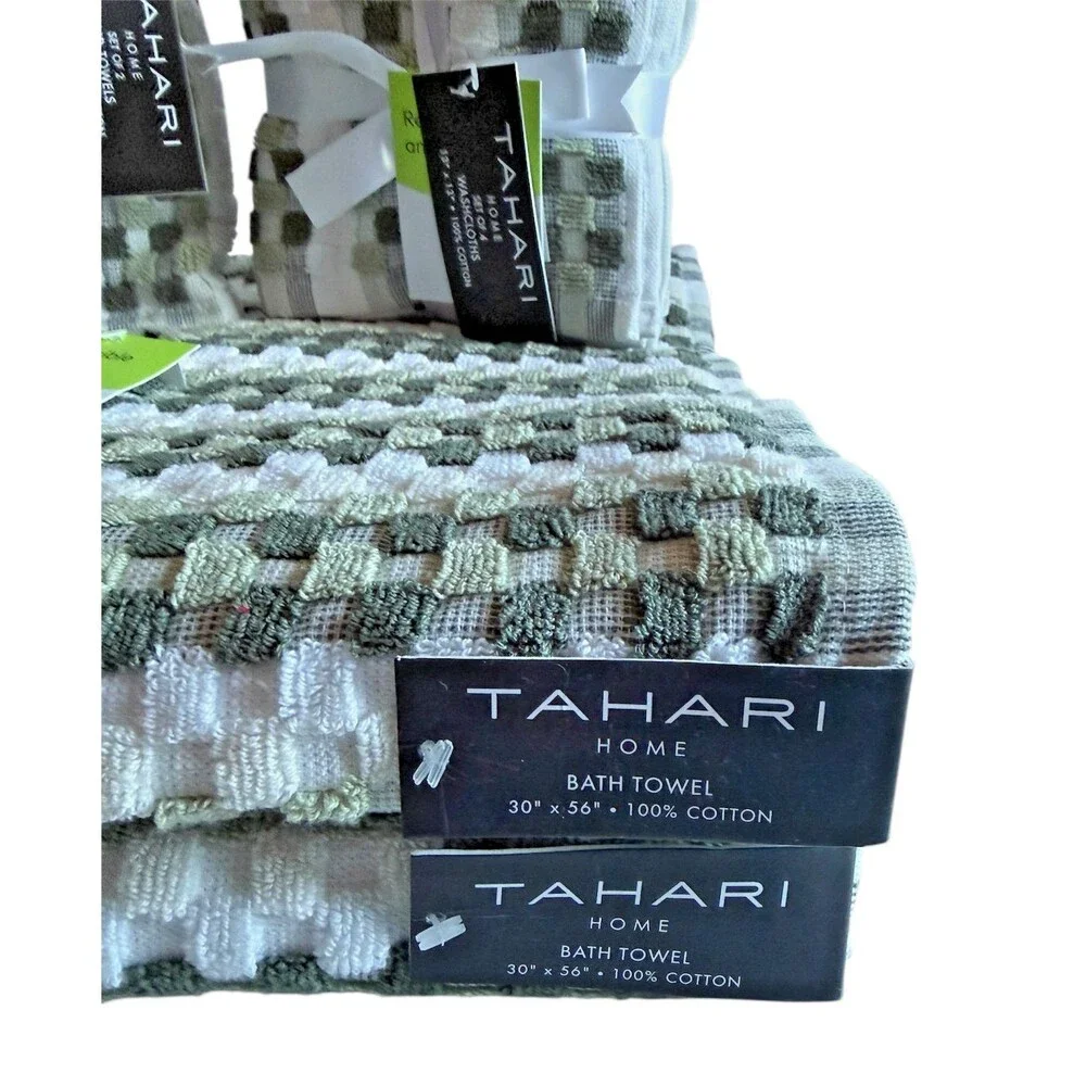 Tarhari 8 Piece Towel Set Tiles Squares Green White 2 Bath 2 Hand 4 Washcloths
